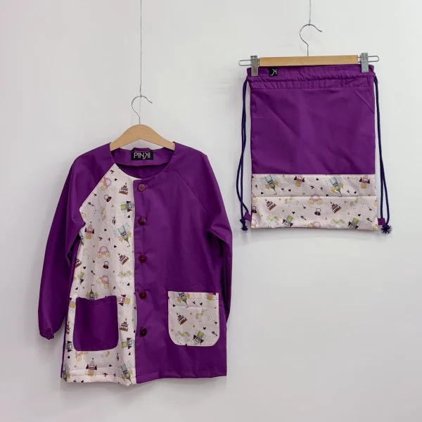 Set grembiulino con sacchetto spalla - Castello delle principessa - viola melanzana - tg 116 - pronta consegna