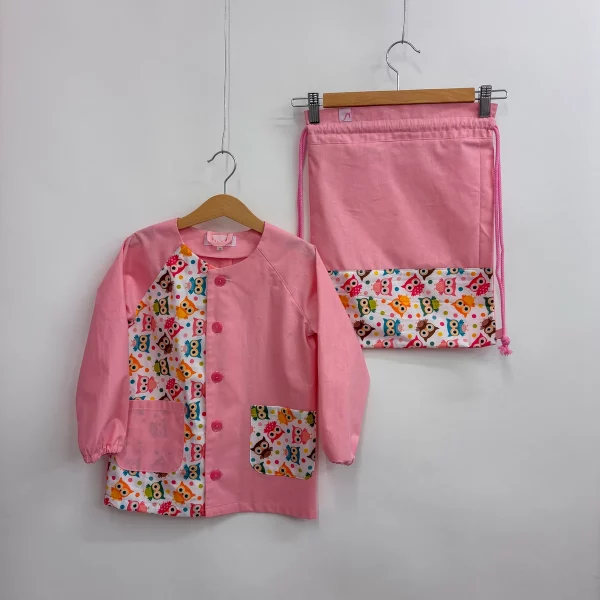 Set grembiulino con sacchetto spalla - rosa confetto - gufi - tg110