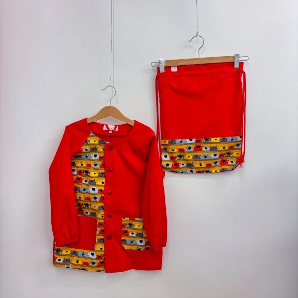 Set grembiulino con sacchetto spalla - rosso - mostri senape - tg116