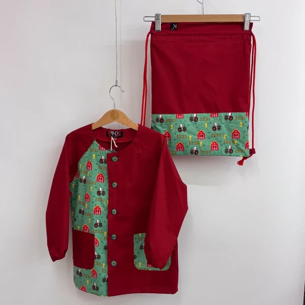 Set grembiulino con sacchetto spalla - fattoria e papere verde - rosso scuro - tg 110