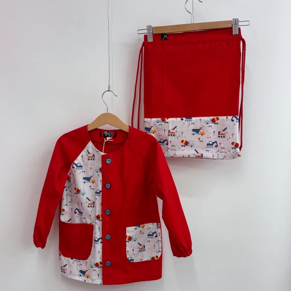 Set grembiulino con sacchetto spalla - macchinari da cantiere - rosso - tg 110