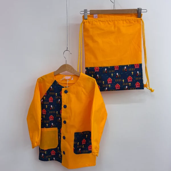 Set grembiulino con sacchetto spalla - fattoria e papere blu - giallo sole - tg 110
