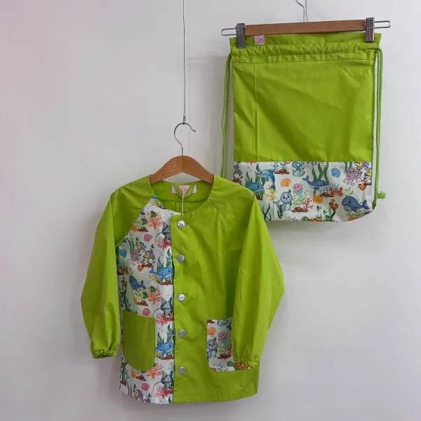 Set grembiulino con sacchetto spalla - in fondo al mare - verde lime - tg 110