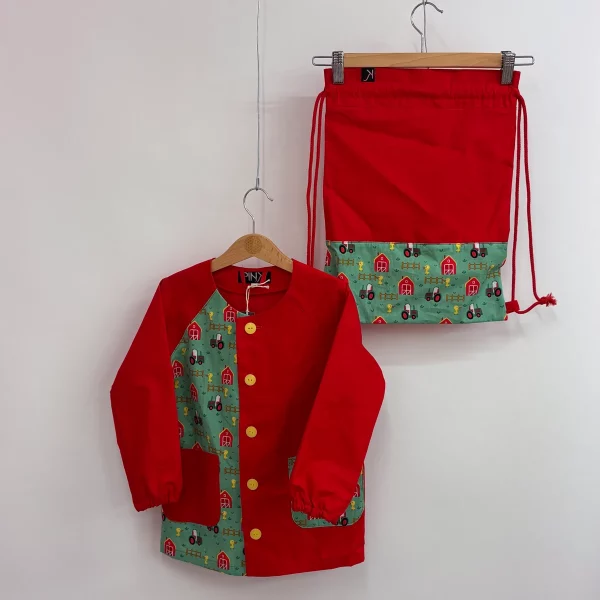 Set grembiulino con sacchetto spalla - fattoria e papere verde - rosso - tg 110